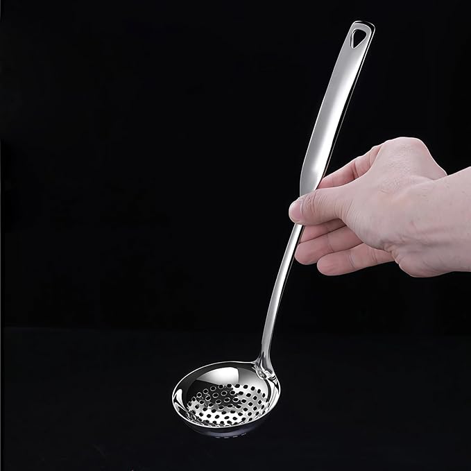 Soup Ladle 18/10 Stainless Steel and Slotted Spoons with Holes 2 Pack Set,316 Metal Heavy Duty Deep Spoon Gravy Punch Ladles for Serving Soup,Gravy,Draining,Kitchen Cooking,Hot Pot(11.8inchs)