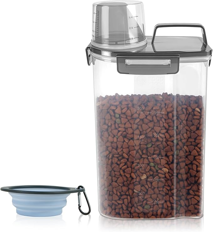 LEAWALK 3-5Lbs/3Qt Dog Cat Food Storage Container With Foldable Bowl. Plastic Pet Food Dispenser for Small Animal Kibble/Pet Food/Bird Seed/Oatmeal/Rice/Flour/Brown Sugart/Cereals (Clear Black)