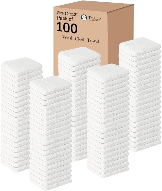100% Cotton Washcloths - 100 Pack Soft Washcloths for Face & Body - Highly Absorbent - 12 x 12 in - White