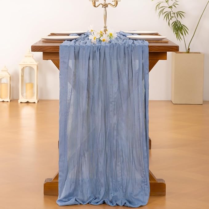Socomi 10pcs Dusty Blue Valentine's Day Cheesecloth Table Runner Boho Rustic Gauze 120 inch 10FT Cheese Cloth Runner for Wedding Party Baby Shower Birthday Home Decor Holiday Decorations