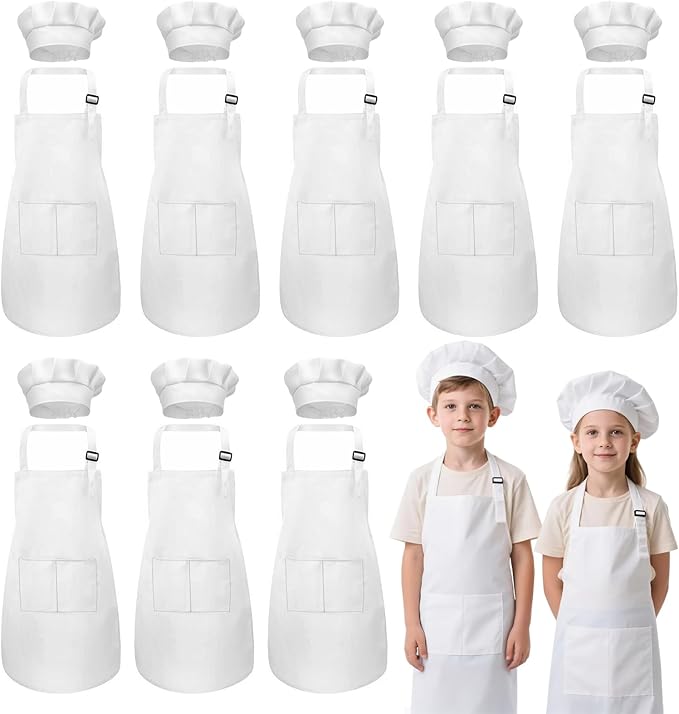 Kids Apron and Chef Hat Set, 16 Pieces Boys Girls Kids Apron with 2 Pockets Adjustable for Cooking Classroom Baking Painting, 6-13 Years, White