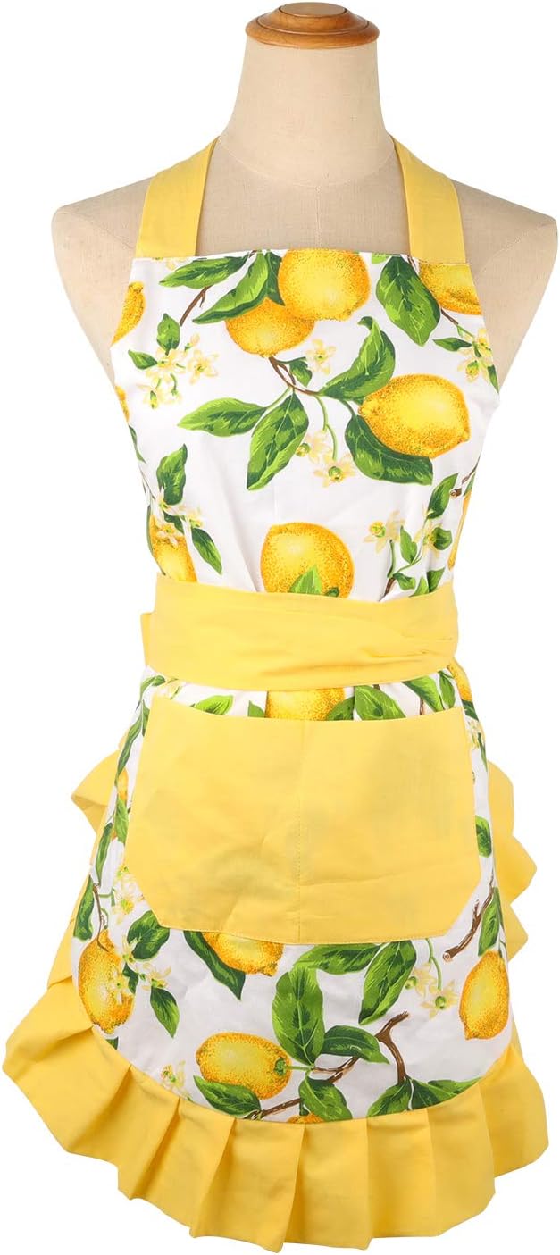 G2PLUS Thick Lemon Cotton Apron, Kitchen Apron for Women, Adjustable Cooking Apron with Pocket for Baking, Garden, Christmas