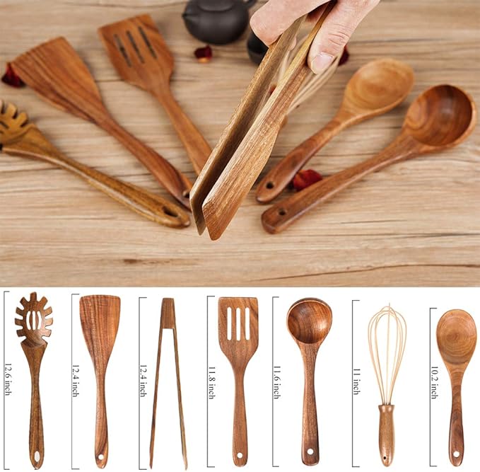 Wooden Utensil for Cooking, Wood Kitchen Utensils Cooking Set Teak Wood Spoons set for Cooking,Spatulas Non-Stick for Cookware Kitchen Spoon (7)