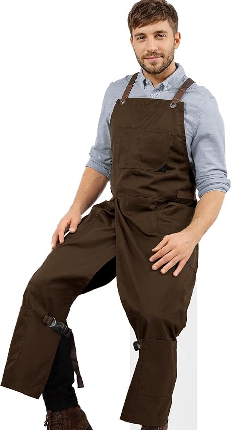 Under NY Sky Pottery Brown Apron - Full Cover Cross-Back, Professional Twill, Leather Reinforcement, Overlapping Split-Leg - Adjustable for Men, Women - Pottery Artist, Ceramics