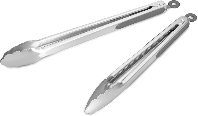 ALLWIN-HOUSEWARE W 304 Stainless Steel Kitchen Cooking Tongs, 12" and 14" Set of 2 Sturdy Grilling Barbeque Brushed Locking Food Tongs with Ergonomic Grip, Grey