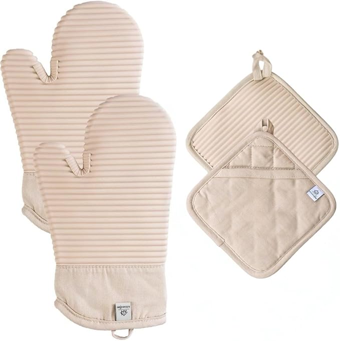 Extra Long Silicone Oven Mitts and Pot Holders Sets | Heat Resistant 500°F BPA-Free Food Grade Silicone Hot Pads & Kitchen Mittens | 4-Piece Set of Oven Gloves & Potholders for Kitchens.