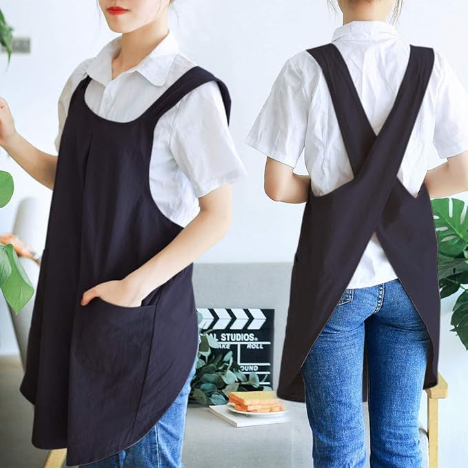 NEWGEM Japanese Cotton Linen Cross Back Cooking Apron for Women Men with Pockets Cute for Baking Kitchen
