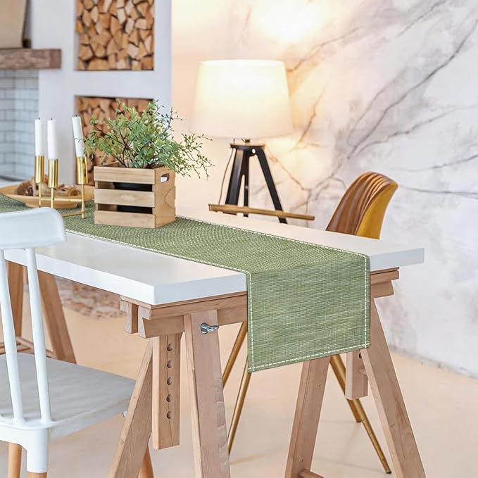 Niviy Green Boho Table Runner, 12x72 Inch Washable Easy to Clean Farmhouse Sage Green Table Runners for Holiday Party Kitchen Dining Room Decoration