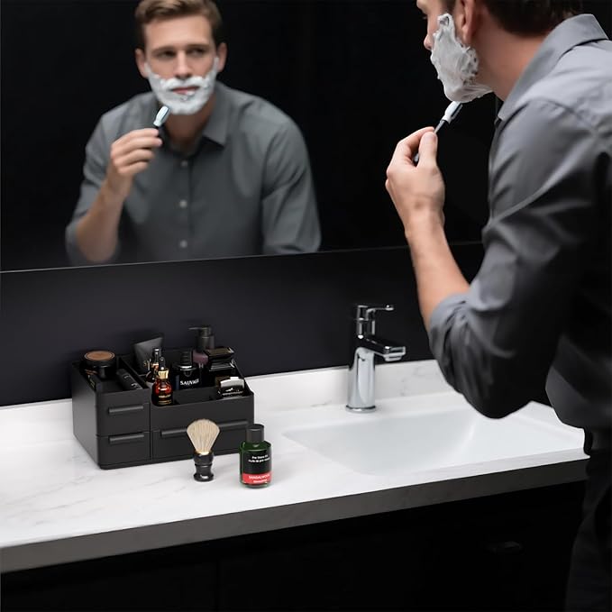 Cologne Organizer for Men with 3 Drawers - Mens Vanity Organizer, Perfume Stand & Cologne Shelf - Bathroom Countertop Storage for Shaving Kit, Skincare - Dresser Organizer, Gifts for Men