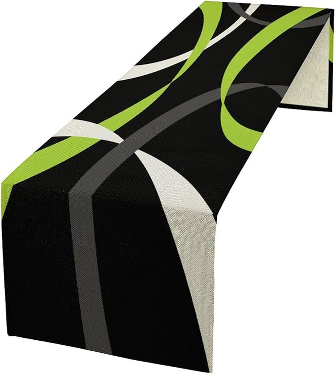 Abstract Geometric Table Runner Green Grey and White Striped Black Background Modern Kitchen Dinner Runner for Indoor Home Living Room Party Dining Table Decoration 13"x72"