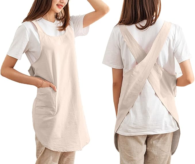 Cotton Cross Back Aprons Solid Color Cooking Kitchen Garden Smock for Women Girls with Pockets