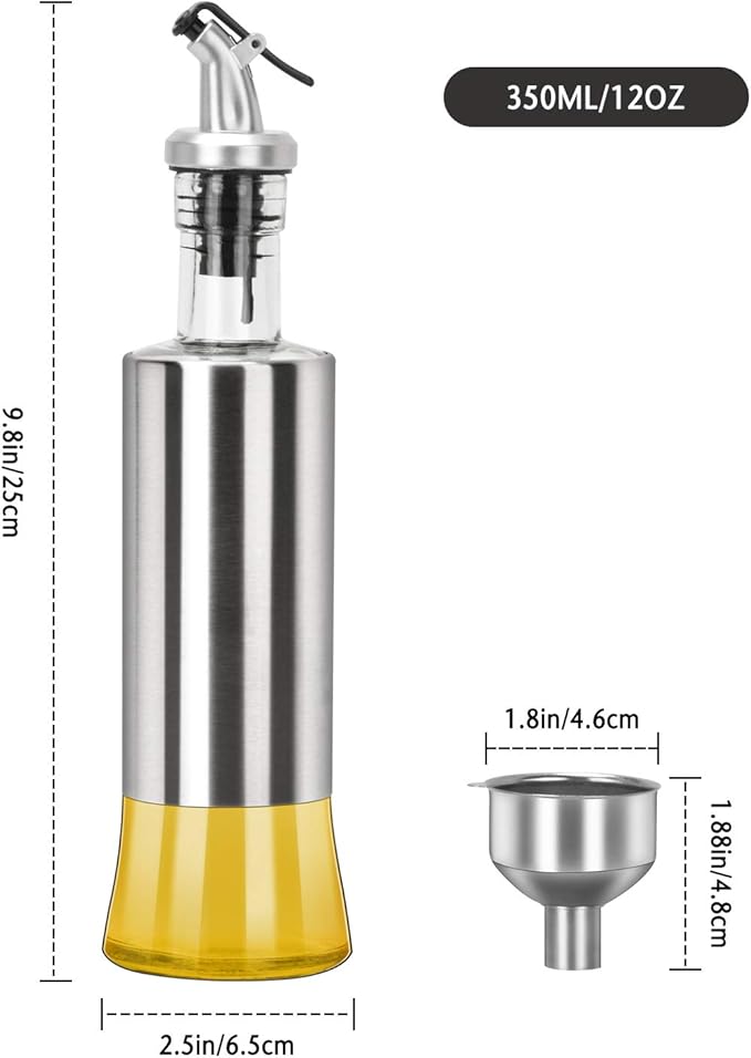 onlyfire Olive Oil and Vinegar Dispenser Set - 2Pack, 12 Oz Stainless Steel Oil Bottles Dispenser for Kitchen Cooking and BBQ (2PCS Funnel included)