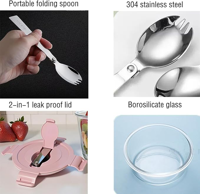 12 OZ Round Glass Food Containers With Lids, 1.5 Cup Small Glass Containers With Lids and Spoons for Office Lunch,Small Round Meal Prep Bowls for Oven, Fridge, Dishwasher safe (4 Pack)
