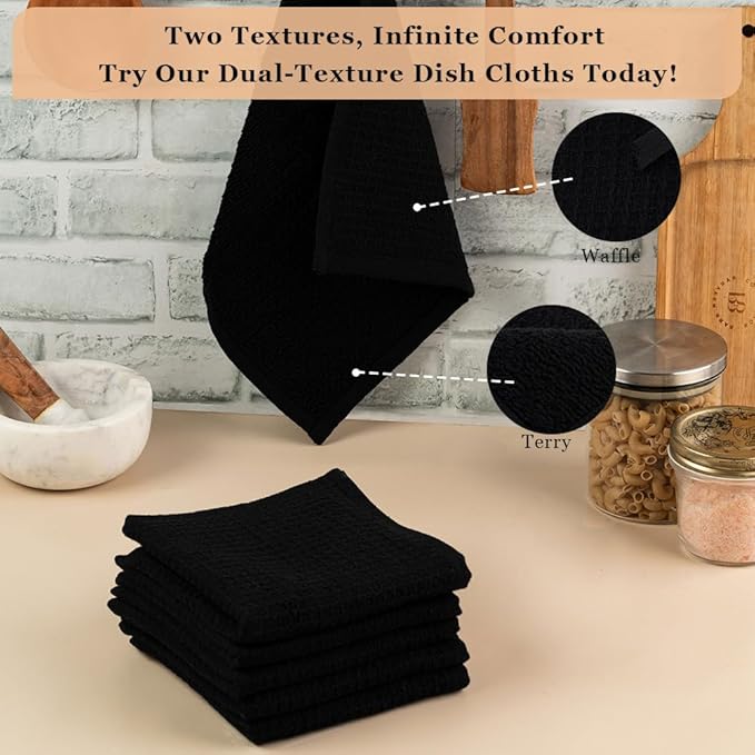 Kitchen Cleaning Dish Wash Cloths Waffle Terry Design Kitchen DishCloths|Washable 12x12 Cotton Dish Rags for Drying Dishes|Counter Top Barista Dust Wipes|Spring Easter Basket Decor| 6 Pc Set-Black