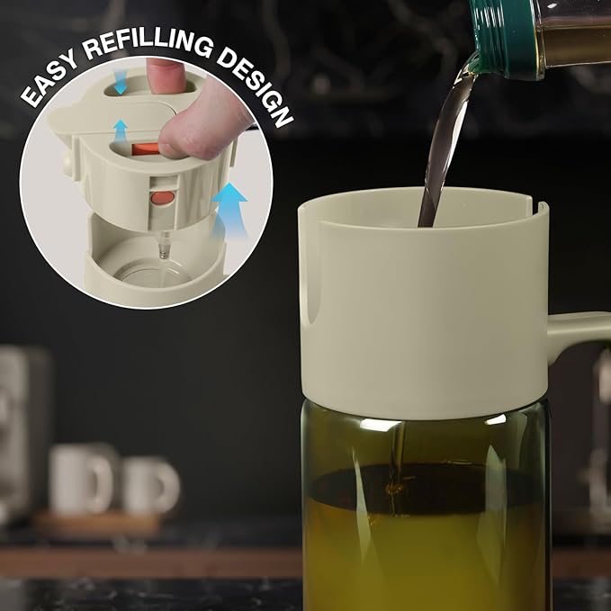 2-IN-1 500ml/17oz Light-Blocking Dark Oil Sprayer for Cooking W/ Stickers, Dark Green Glass Olive Oil Dispenser Bottle for Kitchen, Even Spray with Portion Control, Perfect for Air Fryer, BBQ-White