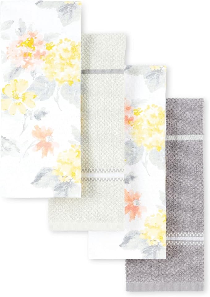 Martha Stewart Amber Floral Kitchen Towel Set 4-Pack, Yellow/Coral, 16"x28"