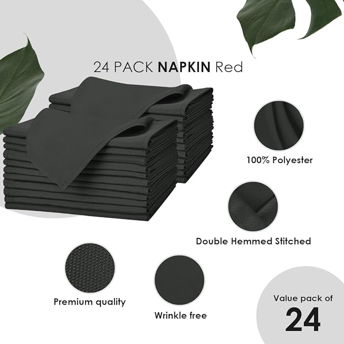 Avalon Kitchen Grey Cloth Napkins Bulk (Pack of 24) - 100% Polyester Dinner Linen Napkins Cloth Washable & Reusable - Durable with Hemmed Edges - Ideal for Parties and Weddings (17x17 Inches)