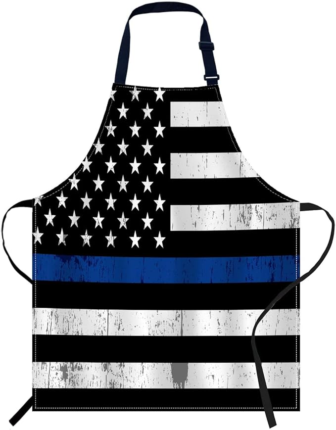 oFloral Retro Thin Blue Line Flag Apron Unisex Adjustable Bib Apron, Cooking Kitchen Chef Apron, Women Men Apron for Home Kitchen, Restaurant, Coffee house