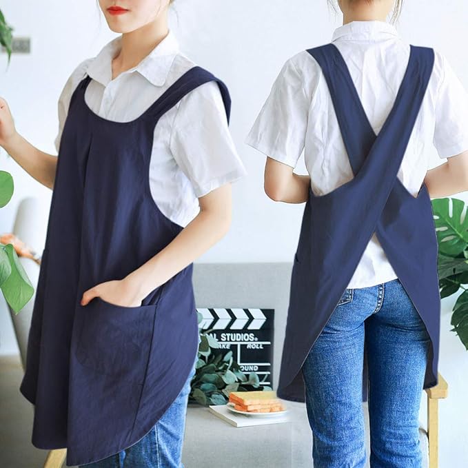 NEWGEM Japanese Cotton Linen Cross Back Cooking Apron for Women Men with Pockets Cute for Baking Kitchen