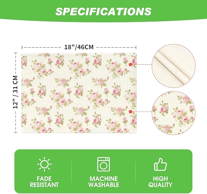Artoid Mode Floral Rose Spring Placemats Set of 4, 12x18 Inch Seasonal Summer Holiday Pastoral Table Mats for Party Kitchen Dining Decoration