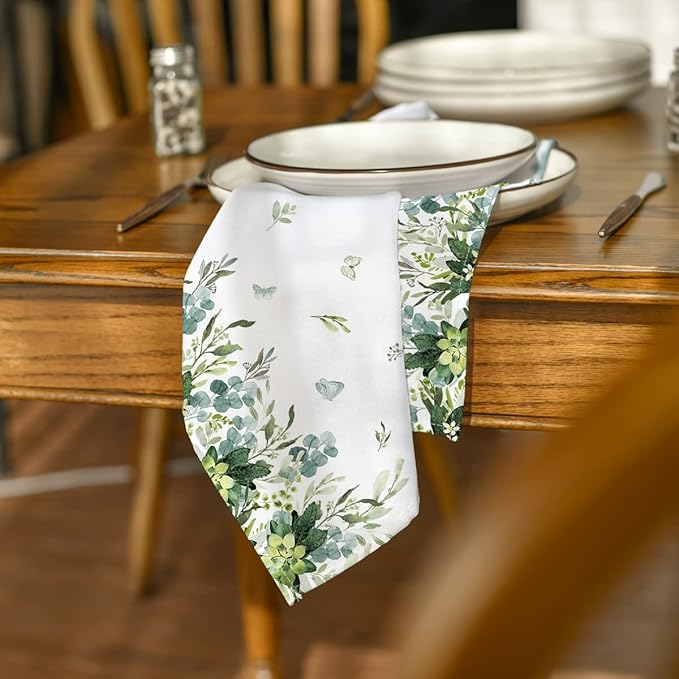 Horaldaily Spring Summer Cloth Napkins 18 x 18 Inch, Eucalyptus Floral Party Dinner Decoration Washable Napkins Set of 12