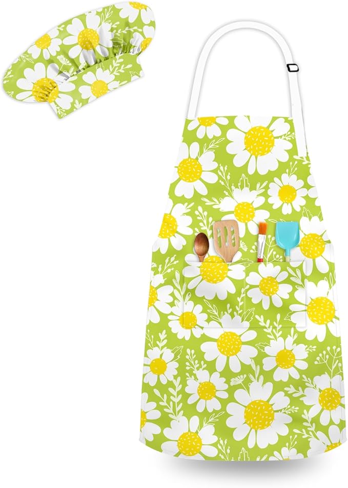 Kids Chef Hat and Apron, Adjustable Kids Aprons with Pocket Girls Boys Kitchen Toddler Aprons for Cooking Baking