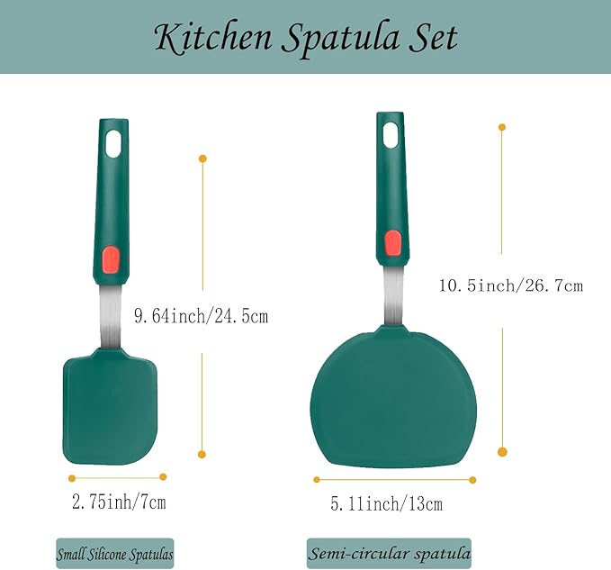 2Pcs Silicone Spatula Turner,Wide Pancake Spatulas utensils set for cooking,Heat Resistant Non-Stick Kitchen Use s for Flipping Pancakes, Omelettes, Fish,Dishwasher Safe.(Green)