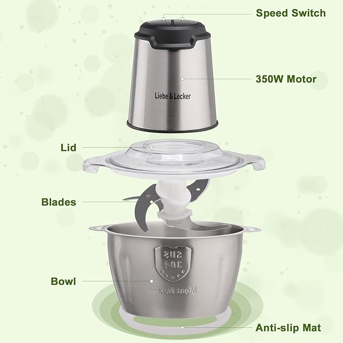 Liebe&Lecker Food Processor, Meat Grinder with 1 Bowl 8 Cup, Electric Food Chopper with 4 Large Sharp Blades for Meat, Fruits, Vegetables, Baby Food, Nuts, 2 Speed