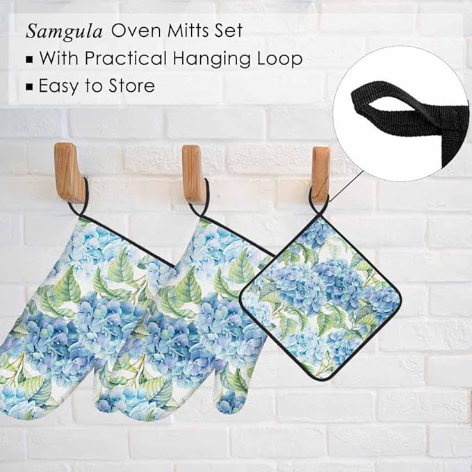 Teal Blue Flower Oven Mitts and Pot Holders Sets Hydrangea Nature Spring Summer Heat Resistant 3pcs for Cooking Baking BBQ