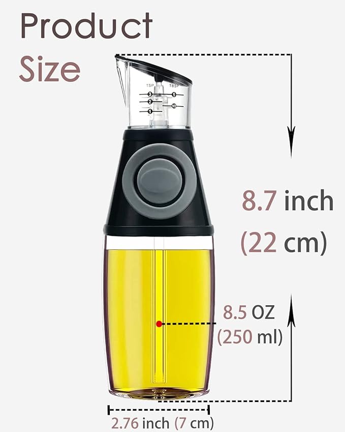 Oil Dispenser Bottle, 8.5oz Olive Oil Dispenser Oil Sprayer, Clear Glass Refillable Oil and Vinegar Dispenser Bottle with Measuring Scale Pump for Kitchen, Cooking, Salads, Baking Frying