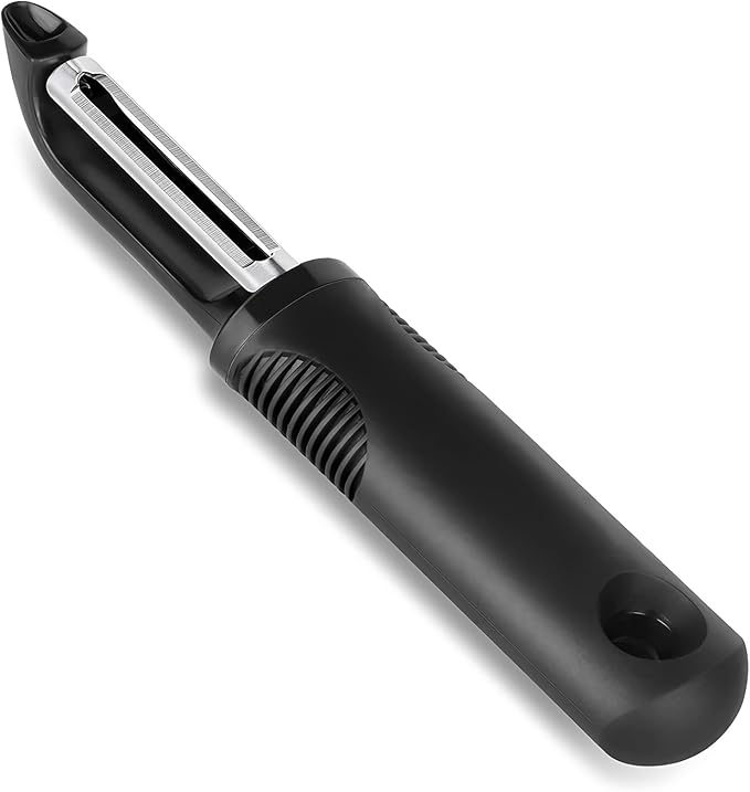 Swivel Vegetable Peeler with Non-Slip Ergonomic Handle, Rust-Proof Steel Blades, Built-in Potato Eye Remover, Plastic Blade Guard, Kitchen Peeler for Potato, Carrot, Apple, Veggie, Fruit, Black