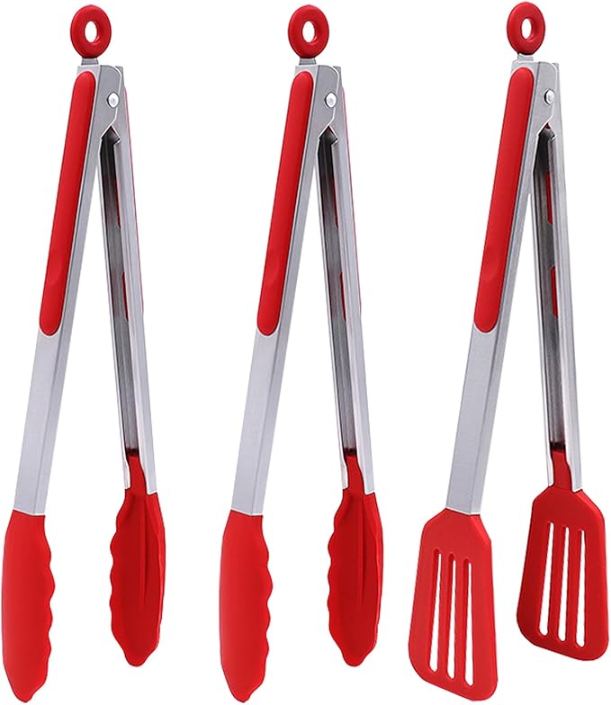 12 Inch Kitchen Tongs Set of 3, Cooking Tongs with Silicone Tips and Stainless Steel Handle, Tongs for Cooking, Baking, Grilling(Red)