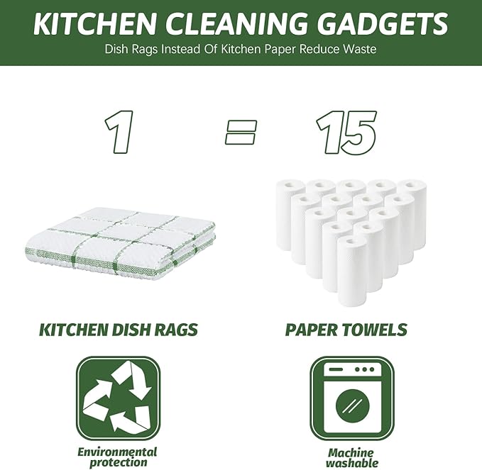 Nialnant 8 Pack Dish Cloths for Washing Dishes, 100% Cotton Reusable Cleaning Rag, Quick Drying Dish Towels for Kitchen,12x12 Inches,Green Plaid