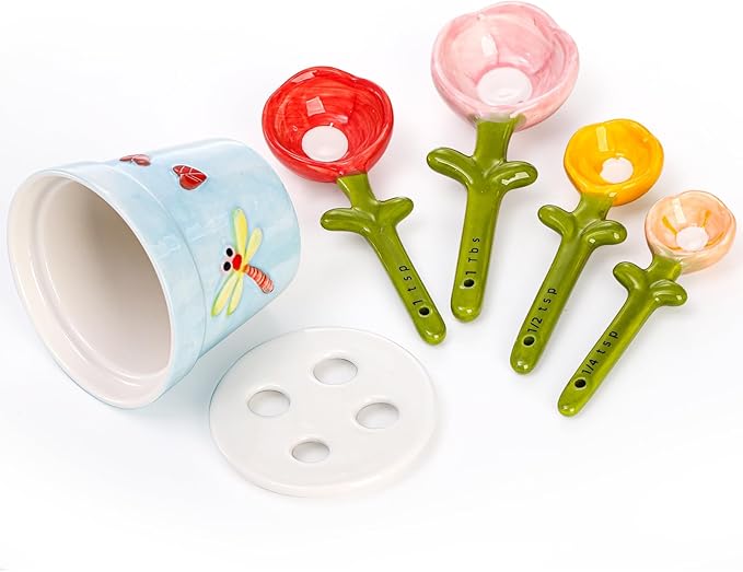 Coloch 5Pcs Ceramic Measuring Spoons and Cup, Flower Baking Scale Spoons with Base Set for Dry and Liquid Ingredient, 1/4 tsp, 1/2 tsp, 1 tsp, 1 Tbsp