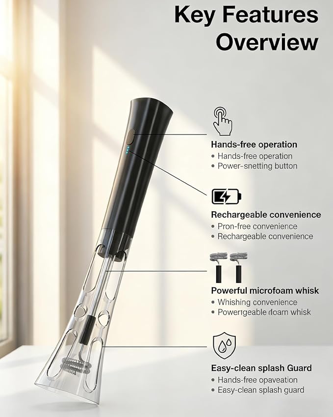 Milk Frother Handheld Rechargeable, Low Noise Electric Coffee Frother Wand with Stand, Stainless Steel Shaft, Anti-Accidental Start, 2 Double Coil Whisks, Kitchen Gifts