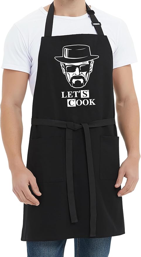 Kaidouma Funny Cooking Aprons for Men - Let’s Cook - Men's Black Funny Kitchen Chef Grilling BBQ Aprons with 2 Pockets - Birthday Father’s Day Christmas Gifts for Dad, Husband, Boyfriend, Movie Fans