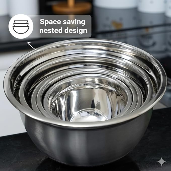 WHYSKO Stainless Steel Mixing Bowls with Lids Set - 5 Rustproof Metal Nesting Mixing Bowls Set for Kitchen, Meal Prep, Baking, Cooking, Storage, Dishwasher Safe - .75, 1, 1.5, 3 and 5 qt bowls