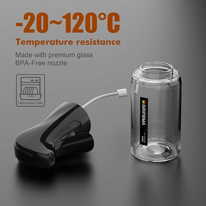 GRIFEMA Oil Spray Bottle for Cooking, 200 ml Glass Olive Oil Mister – Fine Mist Dispenser for Air Fryer, Salad, Baking, BBQ, Vinegar, Black, GE2003B