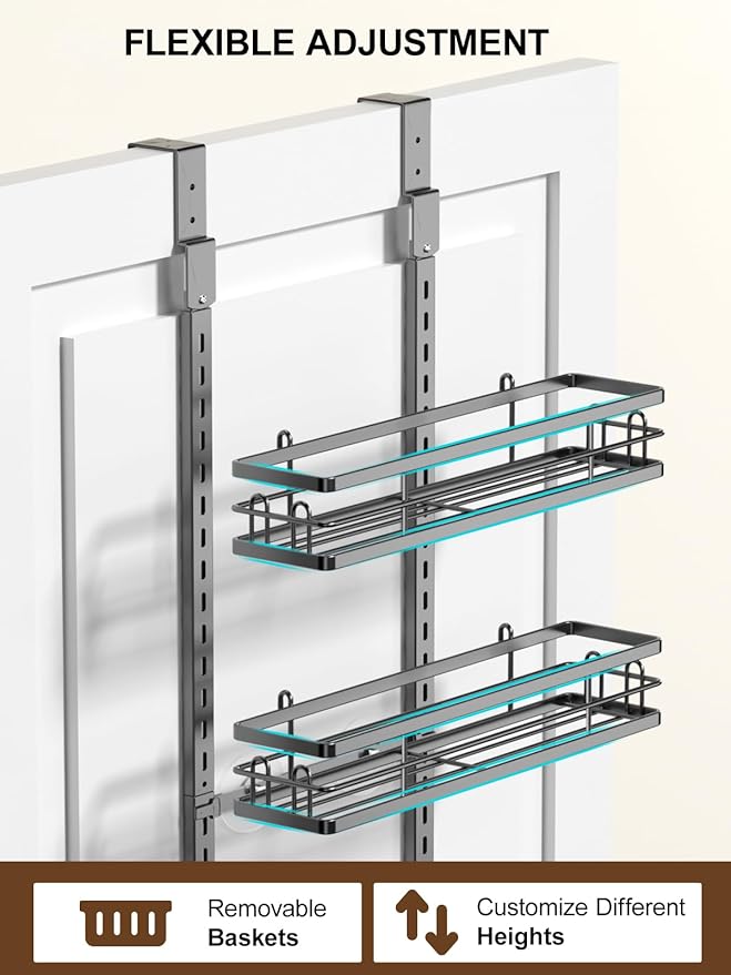 Delamu Over the Door Pantry Organizer, 6 Tier Pantry Door Organizer with Adjustable Basket, Door Spice Rack Seasoning Organizer, Metal Hanging Pantry Organizers and Storage for Kitchen,15.3" Black