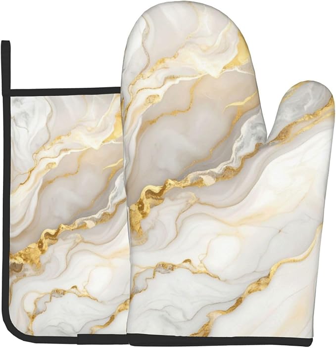 White Gold Marble Oven Mitts and Pot Holders Gold Veins Heat Resistant Oven Mitts Safe for Baking Cooking BBQ