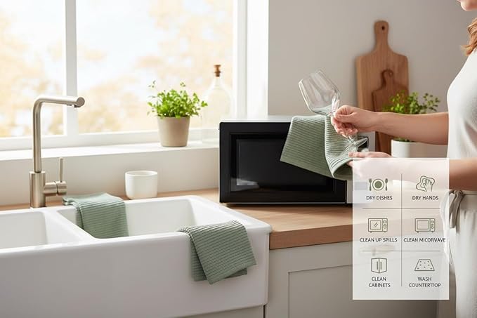 Serafina Home Sage Green Kitchen Dish Towels 100% Cotton Cloth Soft Cleaning Drying Absorbent Terry Ribbed Loop: Set of 3 Multipurpose for Everyday Use