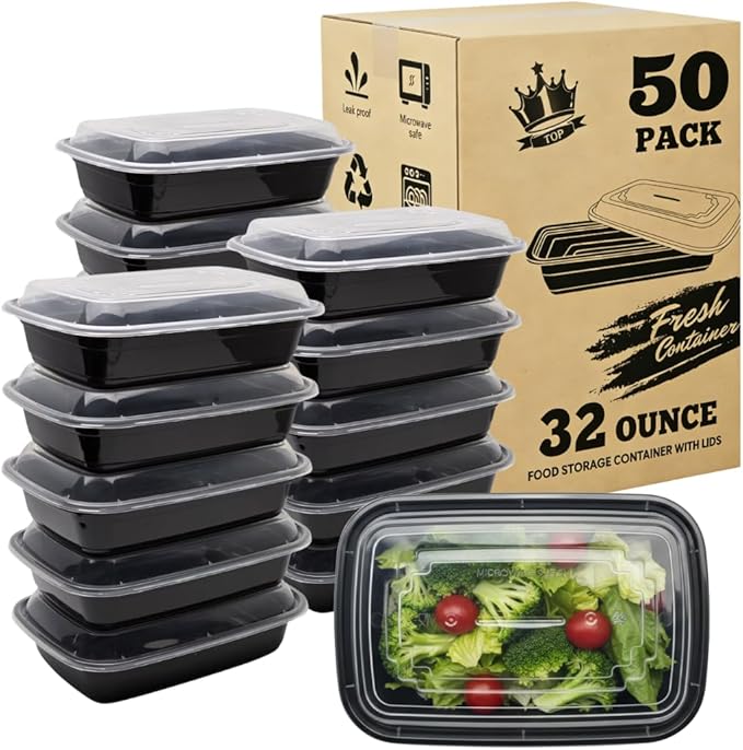 32oz Meal Prep Containers with Lids - 50 Pack BPA Free To Go Food Containers, Stackable & Leak Resistant Bento Box, Microwave/Dishwasher/Freezer Safe
