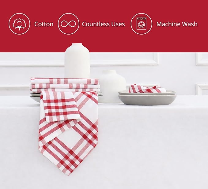 PurpleEssences Homestead Plaid Cloth Napkins - Mitered Corners - Spring Easter Summer - Check Dinner Napkin - Set of 12-100% Cotton - 18x18 Inch - Reusable Washable - Red and White