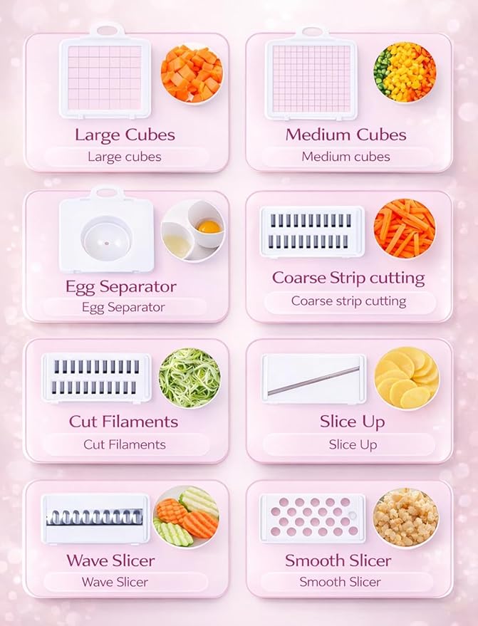 16-in-1 Vegetable Chopper & Mandoline Slicer with Container, Multifunctional Food Chopper, Onion Dicer & Grater for Potato, Carrot, Garlic and Salad, Kitchen Gadgets & Essentials (Pink)