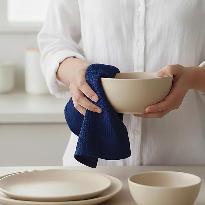 PurpleEssences Waffle Weave Kitchen Towel, 100% Cotton - 15x25 Inches with Hanging Loop, Ultra Soft Absorbent Quick Drying Dish Cloth, Tea and Hand Towels, 4 Pack - Spring Easter Summer - Navy Blue