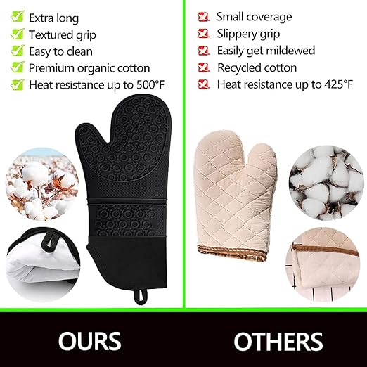 Silicone Oven Mitts and Pot Holders Sets, MTZRFLL Extra Long Heat Resistant Oven Gloves with Hot Pads and Mini Oven Mits Set for Kitchen Baking Cooking, Soft Quilted Lining, Pack of 6 (Black)