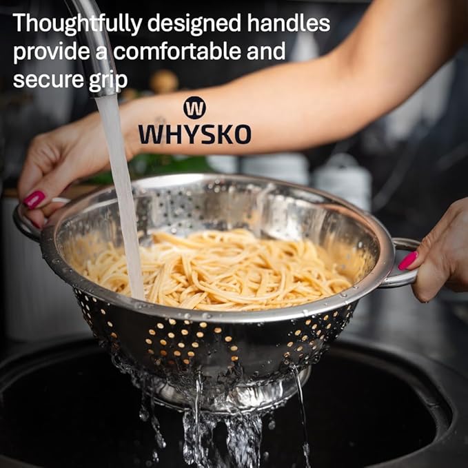 Whysko 3 Pack Stainless Steel Colanders with Handles - 5 Qt, 3 Qt, 1 Qt - Durable Colander for Kitchen Strainers and Colanders Set - Ideal Metal Colander for Pasta, Vegetables, Food Prep