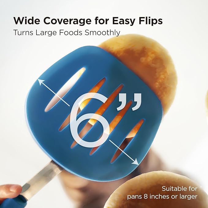 Kitchen Mama WaltzGrip Platinum Silicone Pancake Spatula Turner: Heat Resistant Flexible, Stainless Steel Core, Nonstick, Dishwasher Safe, Flipper – Ideal Kitchen Cookware for Eggs, Fish, Meat (Blue)