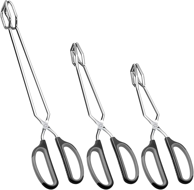 HINMAY Stainless Steel Scissor Tongs Cooking Tongs Set, Set of 3 (Black Handle, 10" 12" 16")
