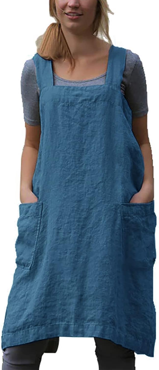 VLZUFE Cotton Linen Apron for women Cross Back Apron Pinafore Dress for Baking Cooking Gardening Work